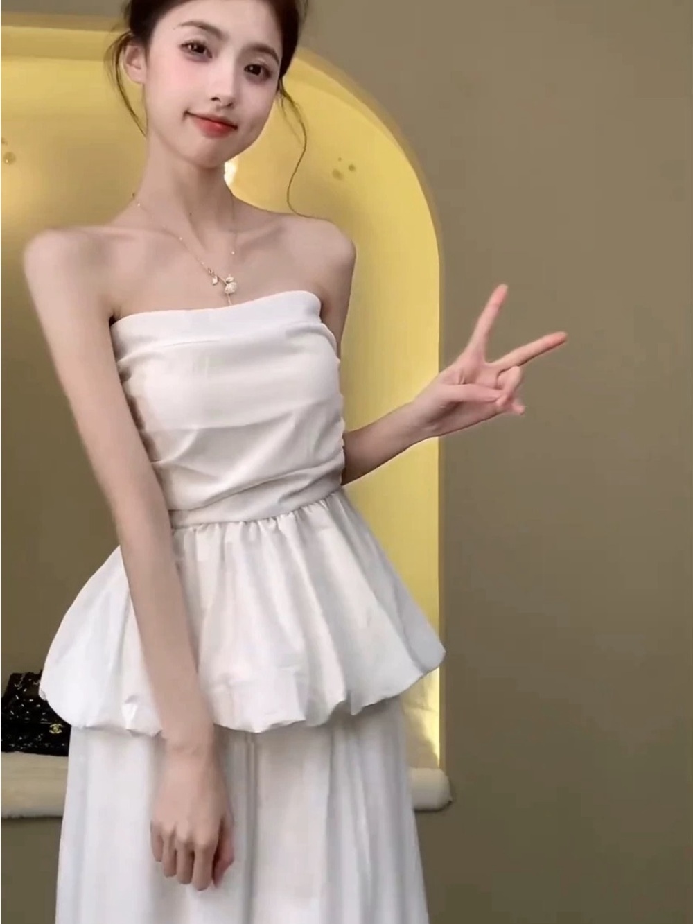 Strapless White Peplum Set with wide leg pants